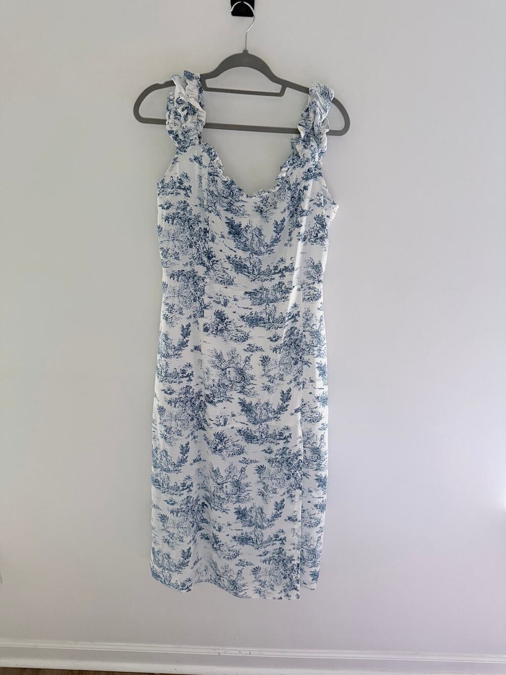Cider Toile de Jouy Blue White Ruffle Trim Slit Midi Dress-Size XL